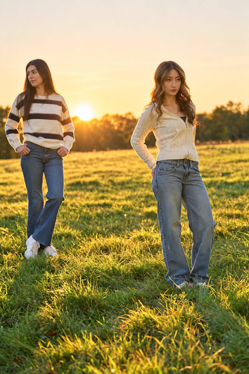 Two young women walking across a field at sunset