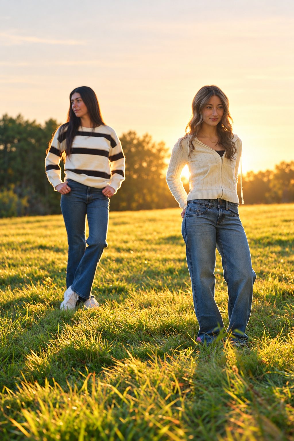 Two young women standing together in a field at sunset