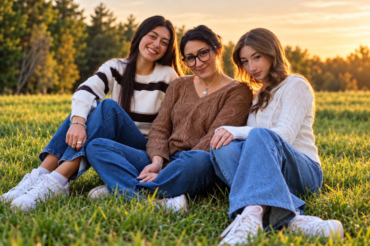 Three generations of women sitting together in a sunlit field