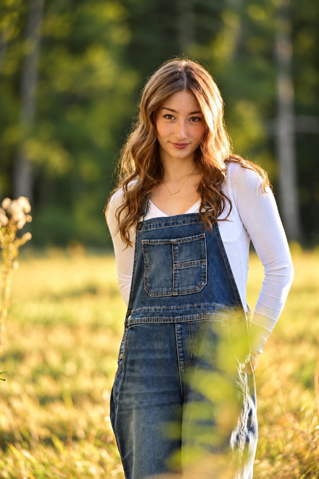 Young woman in overalls standing in a sunlit field