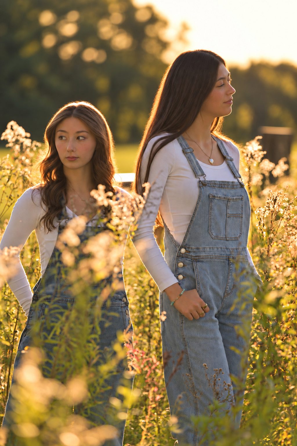 Two young women standing among wildflowers at sunset